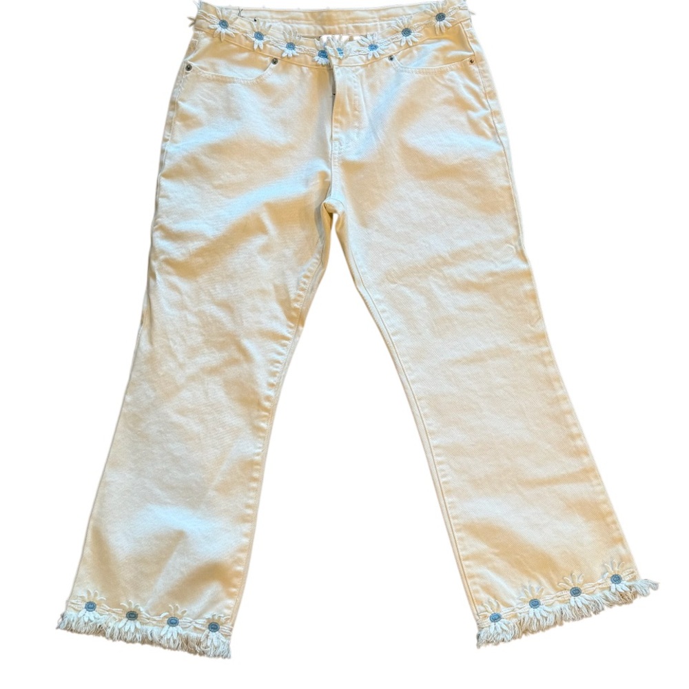 Tommy Jeans SZ 11 White Denim Jeans Raw Hem Flowers On Waist & Hem. Hippie Boho